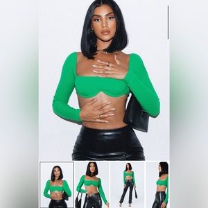 Princess Polly BECCA LONG SLEEVE CROP TOP GREEN